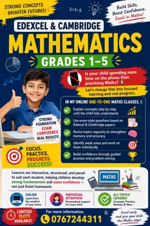 Edexcel/Cambridge Maths Classes For Grade 1-6 ONLINE