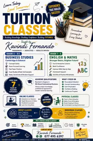 English and Maths classes for Grade 1 - 5 students Business studies classes for student Grade 6 upwards