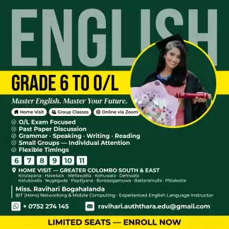 English Language Classes | Grade 6 to O/L | Home Visit · Group · Online | Sept 2026 — Miss. Ravihari Bogahalanda