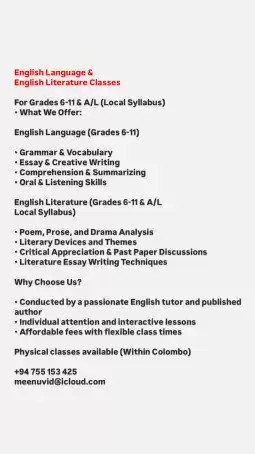 English Literature Classes For Srilankan Syllabus A/L and 6-11 G