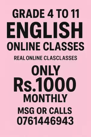 English Online classes for grade 4 to O/L Only Rs.1000 for month first day free