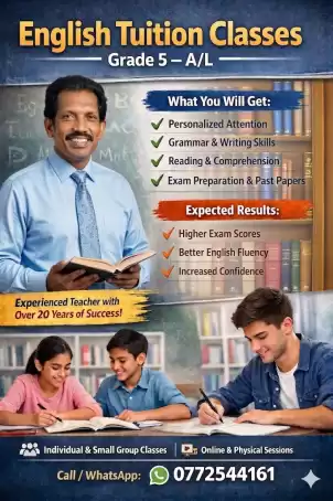 Experienced English Teacher for Home Visits & Online Classes | Grade 5 – A/L