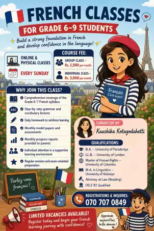 French Classes for Grade 6-9 (Online and Physical classes in Kurunagela)
