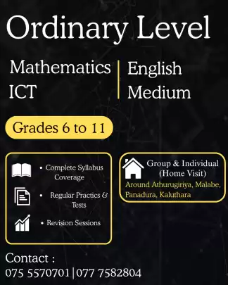 Grade 6 to 11 O/L s English Medium Mathematics & ICT Home Visit & Online Classes