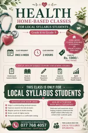 📚 Health Classes – Local Syllabus Only 👩‍🏫 .For Grades 6–9. 🏠 Home-based & Online Classes. ⏰ Once a week | 2 hr ✨ Friendly & effective learning enviro