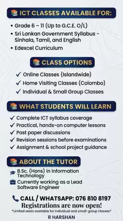ICT Tuition Classes (Grade 6 – 11 / G.C.E. O/L) Sinhala, Tamil & English Medium