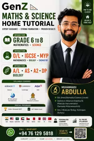 Mathematics, Science Biology physics chemistry Home Visit world wide online tutor Colombo district and wattala Kelaniy Enderamulla