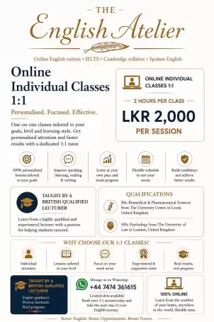 Online 1:1 Individual English Classes – LKR 2,000/session | Taught by a British-Qualified Lecturer