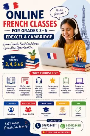 Online French Classes For Grades 3,4,5,6 & 7 (Edexcel & Cambridge)