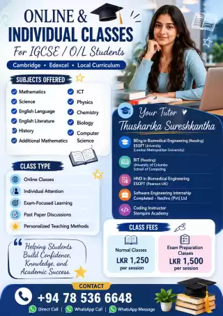 ONLINE & INDIVIDUAL CLASSES FOR IGCSE / O/L STUDENTS