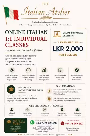 Online Italian 1:1 Individual Classes – LKR 2,000/session | The Italian Atelier