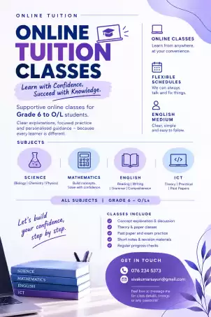 Online Tuition for Grades 6–11 & O/L | Science, Maths, English & ICT | Tamil & English Medium