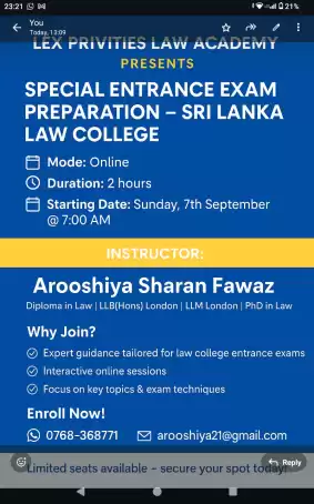 Registration is now open for special entrance examination conducted by Sri Lanka law college